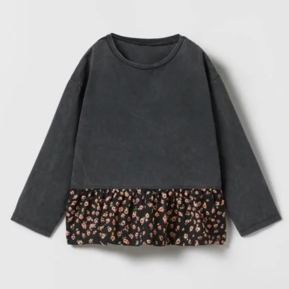 NWT Zara Gray Mixed Media Floral Shirt